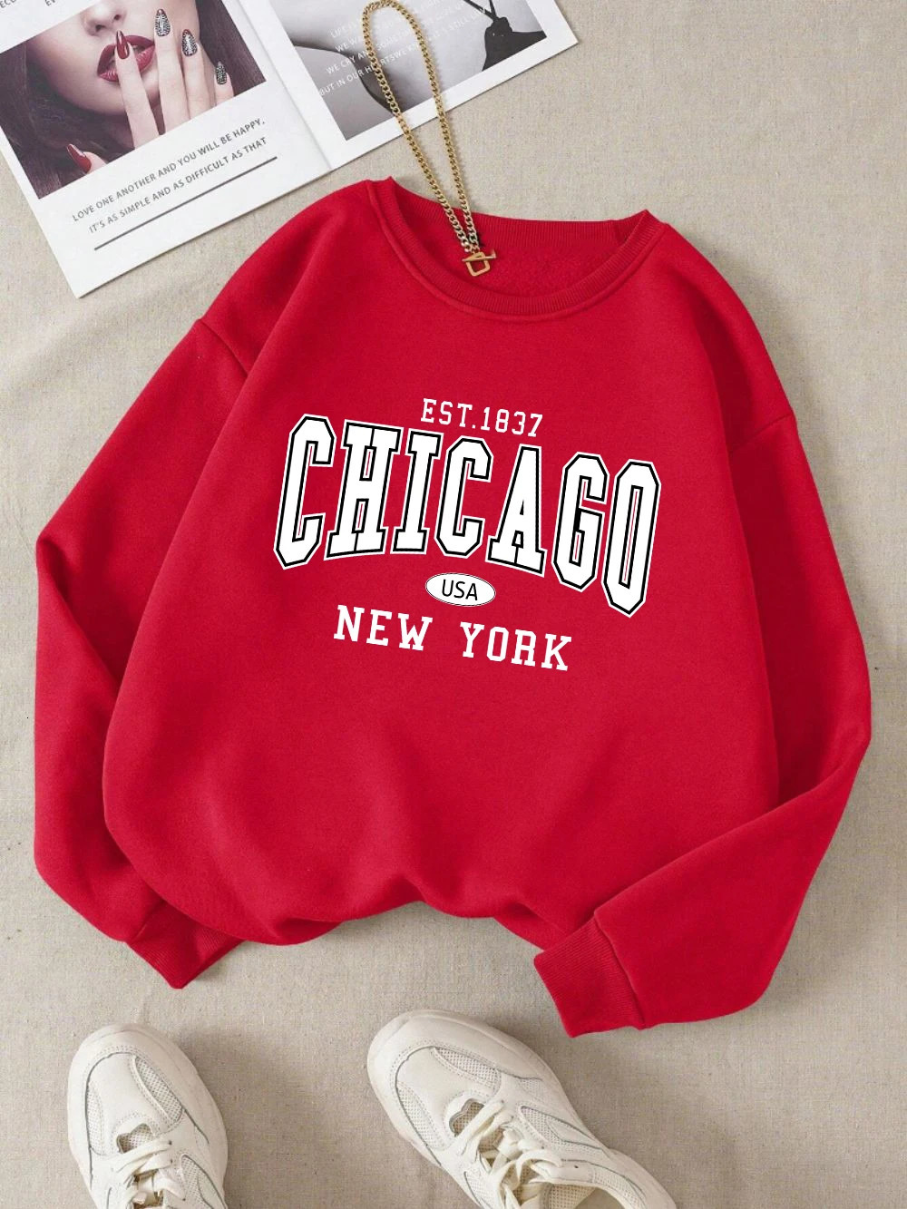 Chicago York USA Sweatshirt White Letter Print Casual Hoodie Winter Fleece Crewneck Black Sporty Clothes Woman Tops 250121