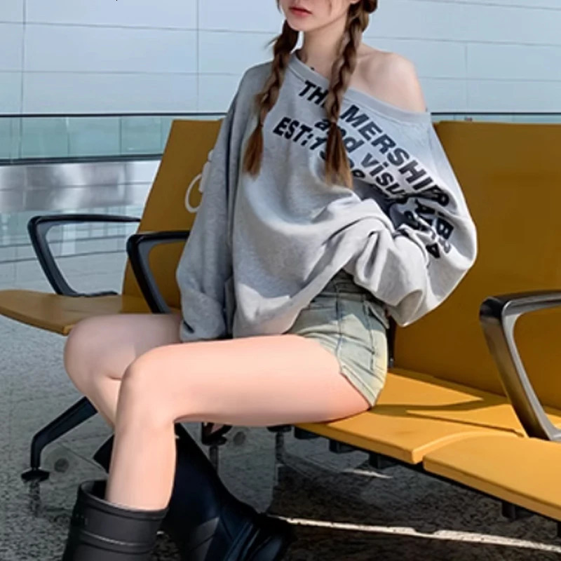 Spring Autumn Skew Collar Long Sleeve Fashion Sweatshirts Women High Street Letter Printing Pullovers Elegant Loose Tops 250122