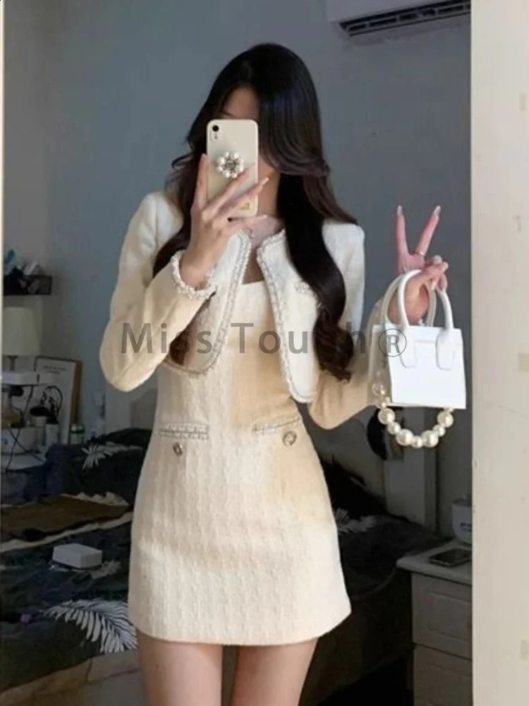 White France Vintage Two Piece Set Women Korean Slim Party Dress Suit Female Short Sweet CoatElegant Strap 2024 250122