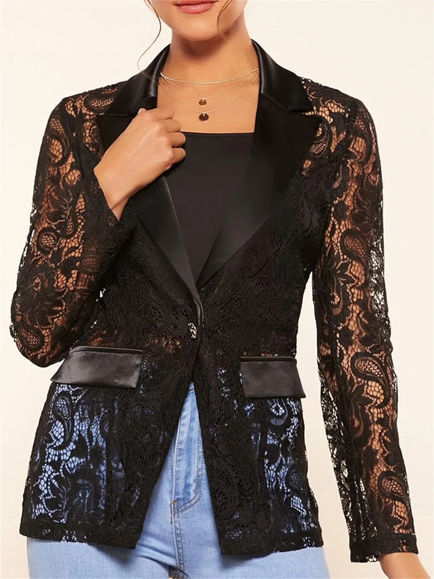 Women s Fashion Blazer Solid Color Open Front Lapel Long Sleeve Elegant Jacket with Pockets 250122