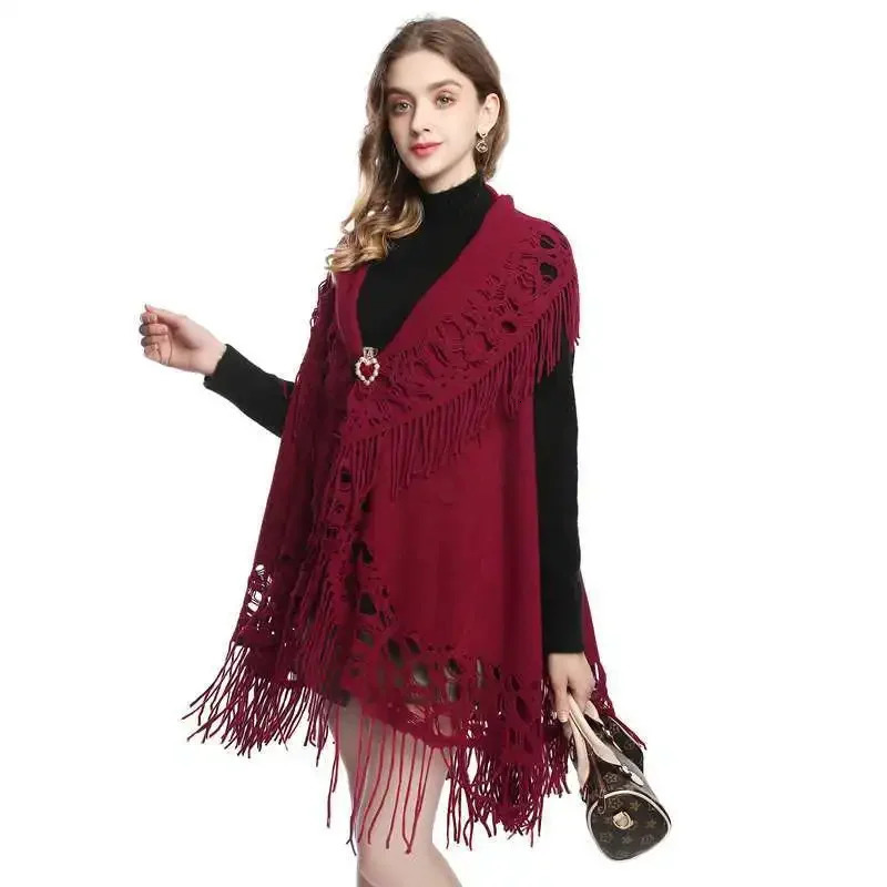 Spring Autumn Women Loose Tassel Sweater Multi-purpose Scarf Cardigan Thin Jacquard Shawl Coat Lady Cloak Red 250121