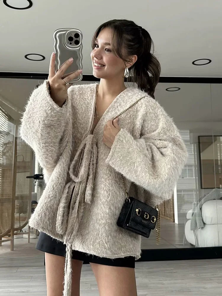 TRAF womens small cardigan Vneck Mao jacket fashion retro bow tie n solid colour autumn and winter 250113Z