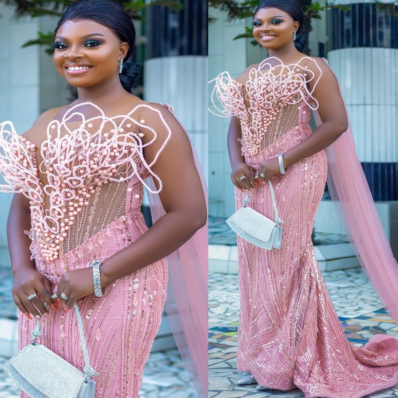 Aso Ebi Pink Mermaid Prom Dresses 2025 Pearls Sequined Lace Stylish Evening Formal Party Second Birthday Engagement Gowns Plus Size Dress For Special 