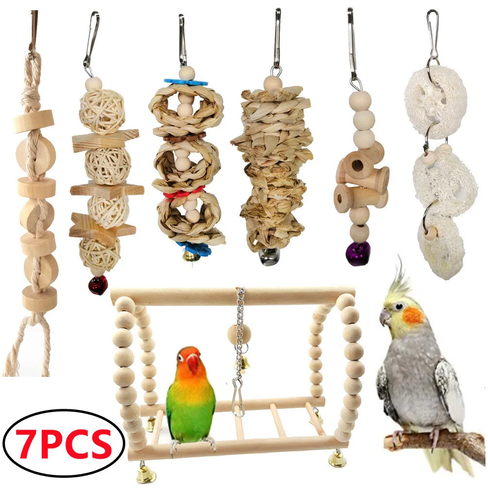 Combination Bird Toys Set Swing Chewing Training Toys Small Parrot Hanging Hammock Parrot Cage Bell Perch Toys with Ladder Toys 250121