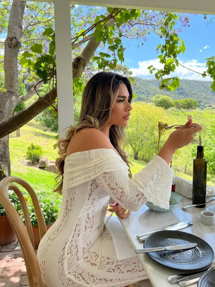 Elegant Women White Lace Hollow Out Printed Flower Long Dress Fashion Long Sleeve Slim Midi Robe 2025 Chic Lady Party Club Gown 250121