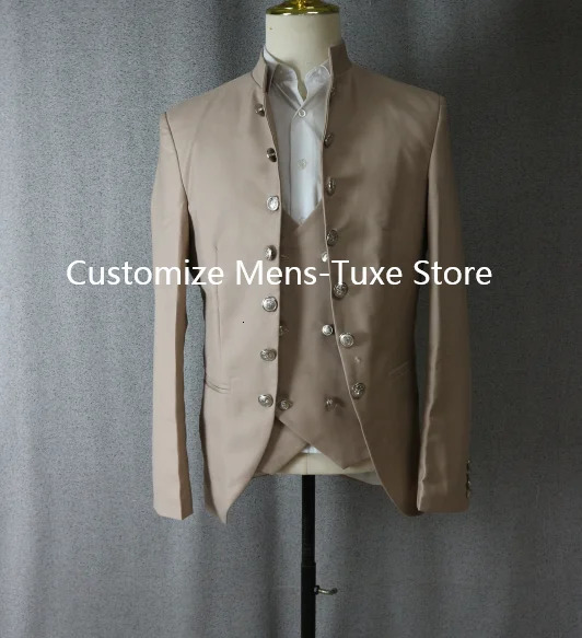 Beige mens 3piece stand up collar double chest ultrathin fit shoulder formal elegant grooms wedding tailcoat 250122