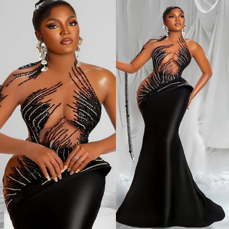 2025 Aso Ebi Black Prom Dresses Mermaid Evening Dresses One Shoulder Long Sleeves Illusion Beaded Lace Crystals Birthday Party Dress Second Reception Gowns AM2030