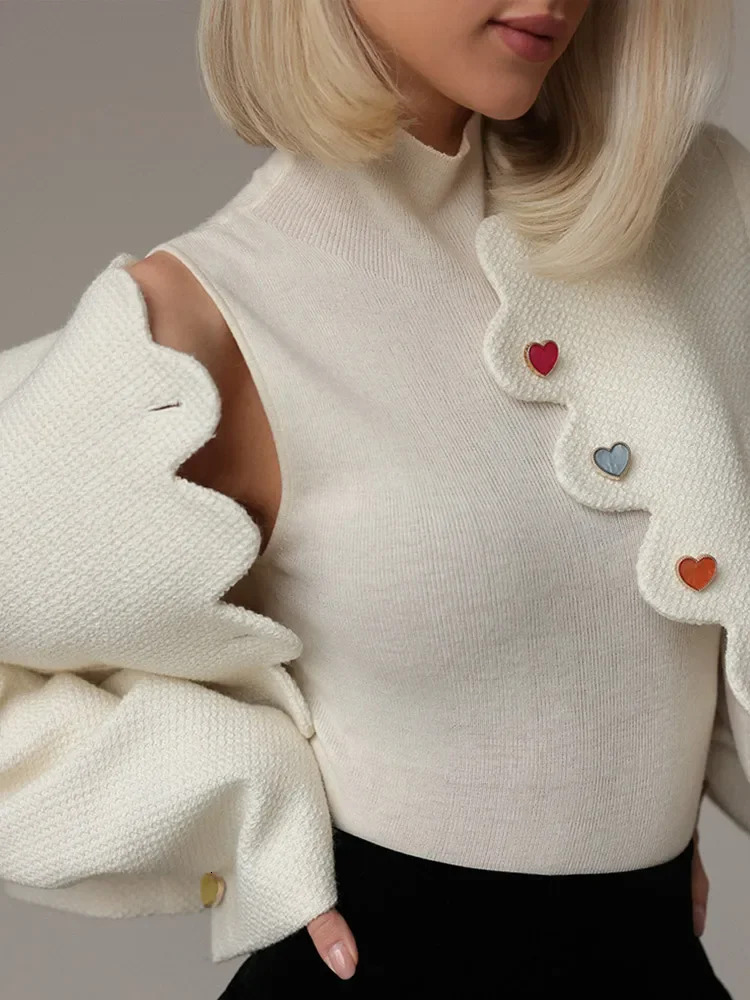 Small Fragrance Lady Elegant Solid Cute Buttons Jacket Fashion Irregular Collar Long Sleeve Coat Woman Fall Causal Commuter Wear