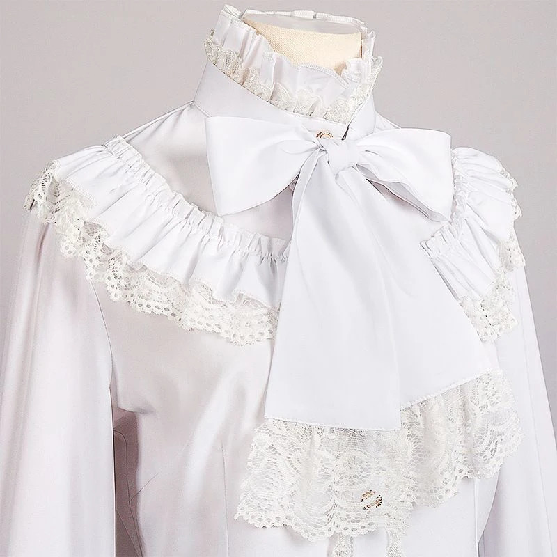 Vintage Ruffles White Shirt Japanese Preppy Lolita Bow Bandage Blouses Gothic Lace Patchwork Black Long Sleeve Slim Tops 250122
