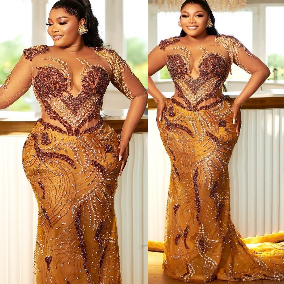 Aso Ebi Gold urious Mermaid Prom Dresses 2025 Beaded Crystals Lace Evening Formal Party Second Birthday Engagement Gowns Plus Size Dress For Special O