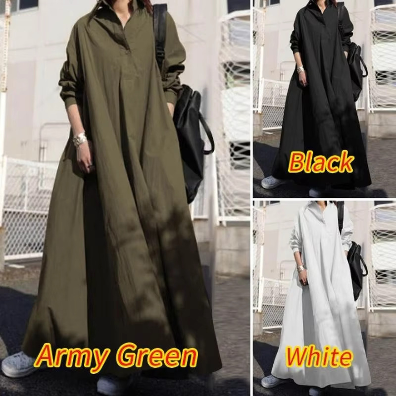 Islam Abaya Pure Color Cotton Vintage Shirt Abayas For Women Loose Long Sleeve Big Hem Women's Dress