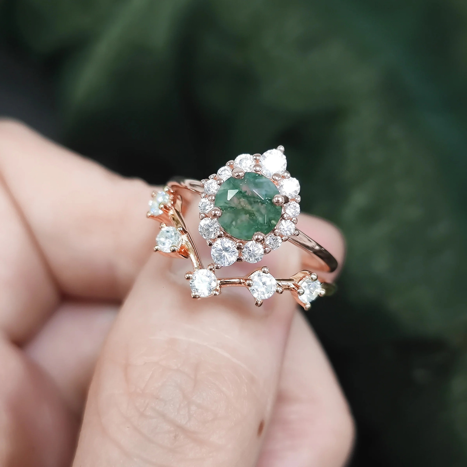 GEMS BALLET Vintage Moss Agate Halo Promise Engagement Ring Chevron Cluster Bridal Wedding Band Ring Set 925 Sterling Silver 250121