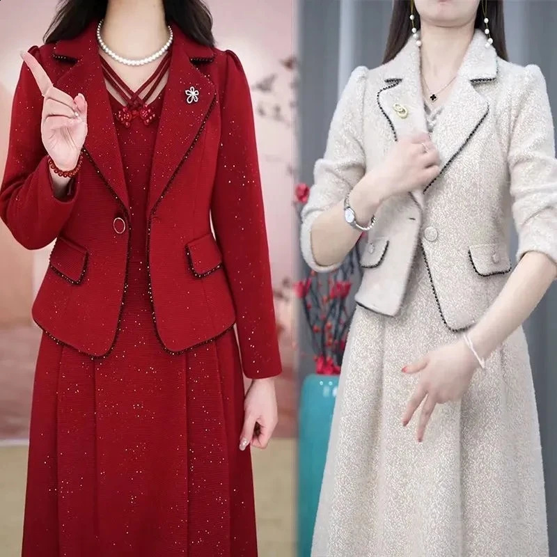 Middle Aged Women Fashion Sets Spring Autumn High End Blazer Jacket Sleeveless Dresses 2 Piece Suit Mothers Dress Outfit 4XL 250122