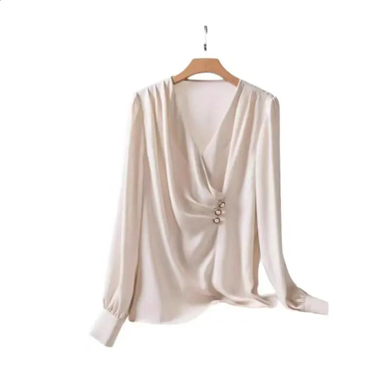 Womens Satin Blouse Solid Color Long Sleeve V-neck Shirts Office Lady Wear Elegant Female Clothes Spring Fashion Top 250107