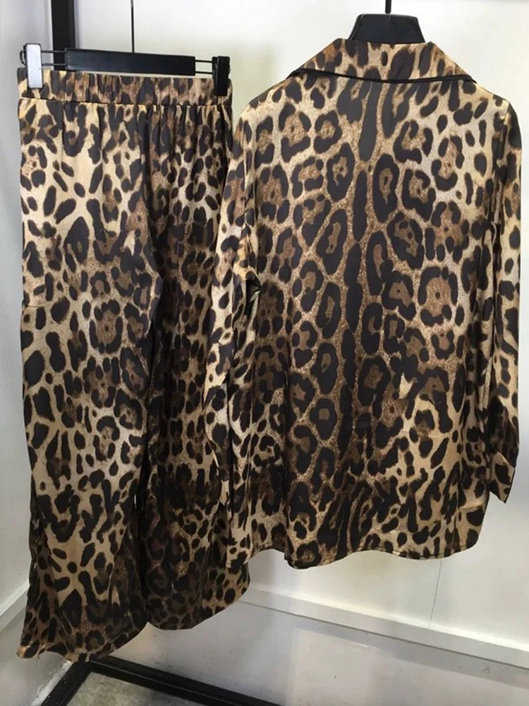 Autumn Leopard print lapel long sleeve lace-up shirt womens two-piece suithigh waist wide leg trousers fashion suit 250120