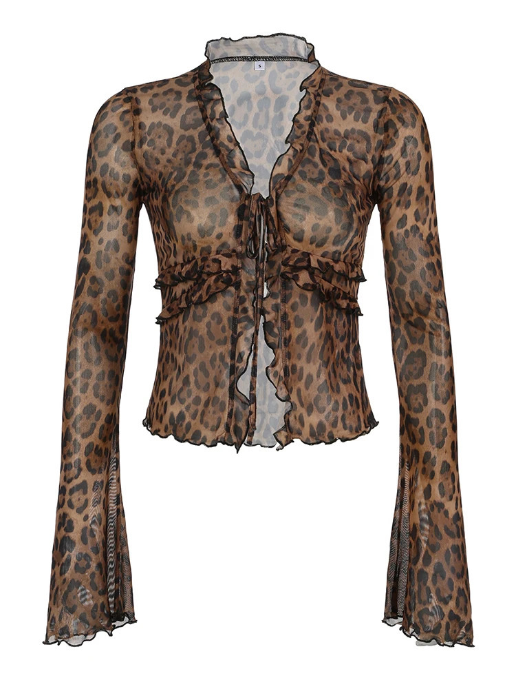 Rockmoer Leopard Print Mesh Shirts Sexy See Through Ruffled Long Sleeve Tie Front Womens Cardigan Tops Y2K Retro Slim Blouses 250118