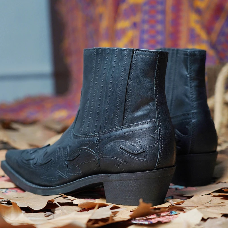 2024 Mens Western Cowboy Boots Men Women Embroidery Pointed Shoes Man Ankle Boots Unisex Leather Boots Plus Size 35-48 250120