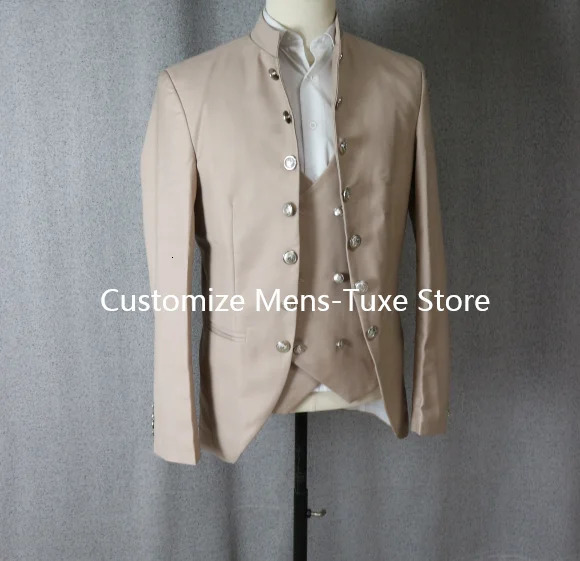 Beige mens 3piece stand up collar double chest ultrathin fit shoulder formal elegant grooms wedding tailcoat 250122