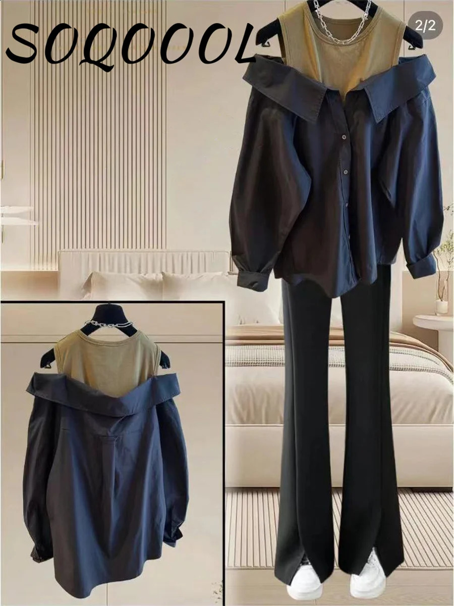 Women False Twopiece Polo Collar Blouse Loose Tank Top Spliced Long Sleeve Shirts Off the Shoulder Blouses Autumn Pullovers Top 250121