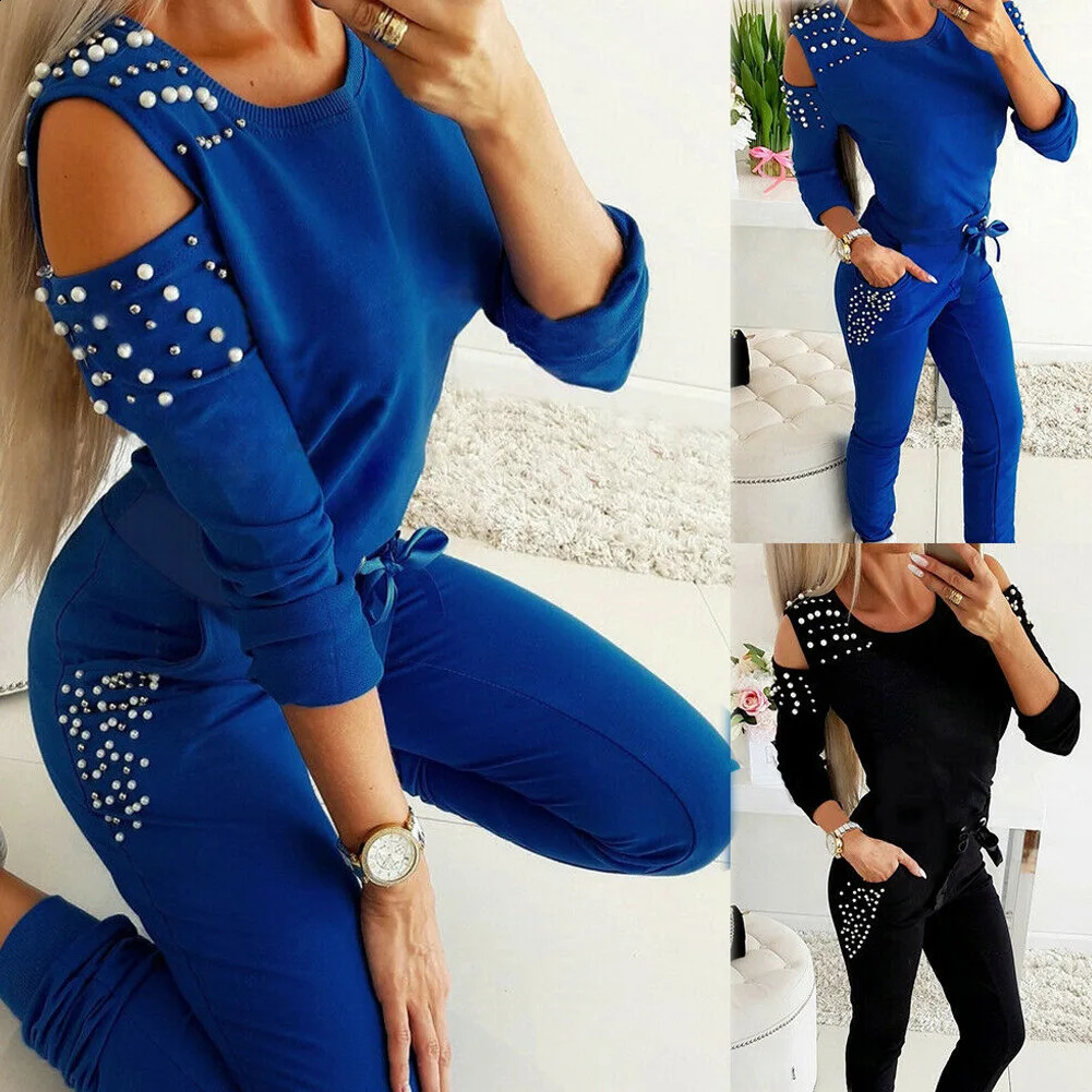 2 Pieces Set Women Europe Fall Outfit Sexy Nail Bead Pure Color Round Collar Long Suit Sports Drop ZXP9596 250122
