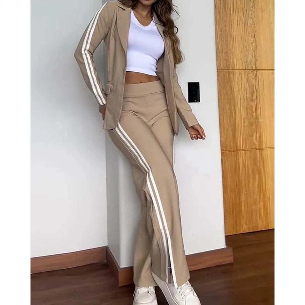 Womens Long Sleeve Nothched Collar Side Striped Blazer and Pants Set Office Lady Casual Fashion Workwear Outfits 250114
