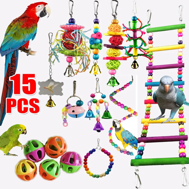 Combination Bird Toys Set Swing Chewing Training Toys Small Parrot Hanging Hammock Parrot Cage Bell Perch Toys with Ladder Toys 250121