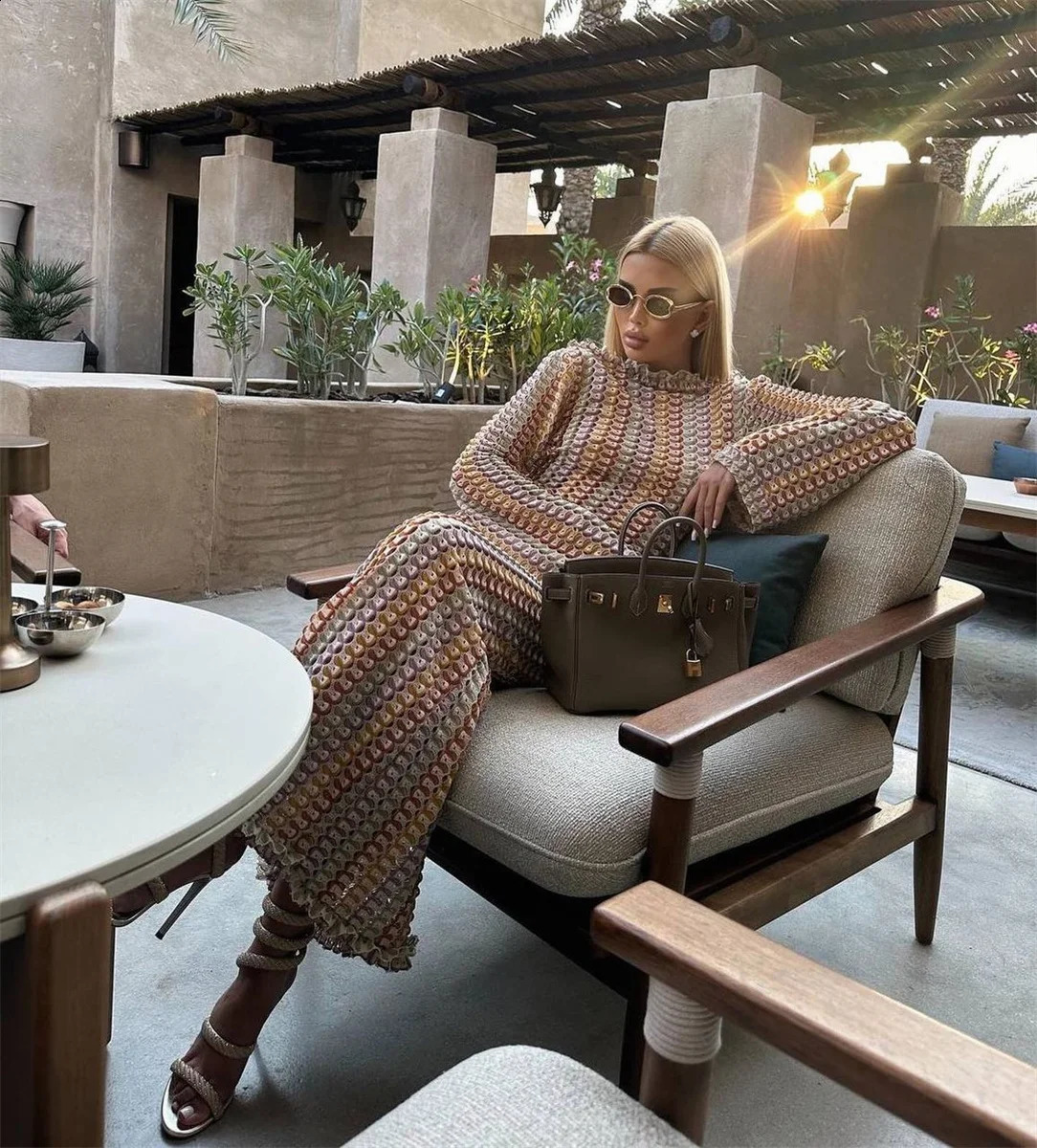 Fashion Backless Womens Dress Lace Contrast Color Long Sleeves Slim Stripe Maxi Dresses 2024 Summer Beach Holidays Clothing 250113