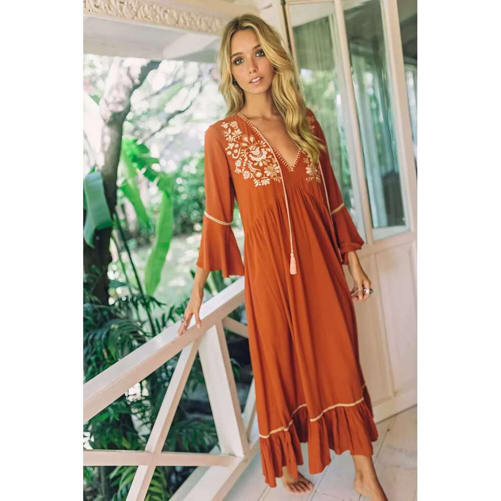 Women's Boho Long Cotton Ral Embroidery Maxi V-Neck Slim Holiday Vestidos Free Style Summer Chic Dress Robes