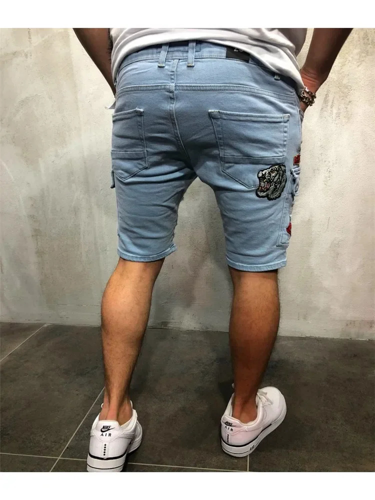 Summer Ripped Shorts Jeans Men HipHop Denim Pants Stretch Light blue Fashion n Slim Straight Male Short Hombre 250113