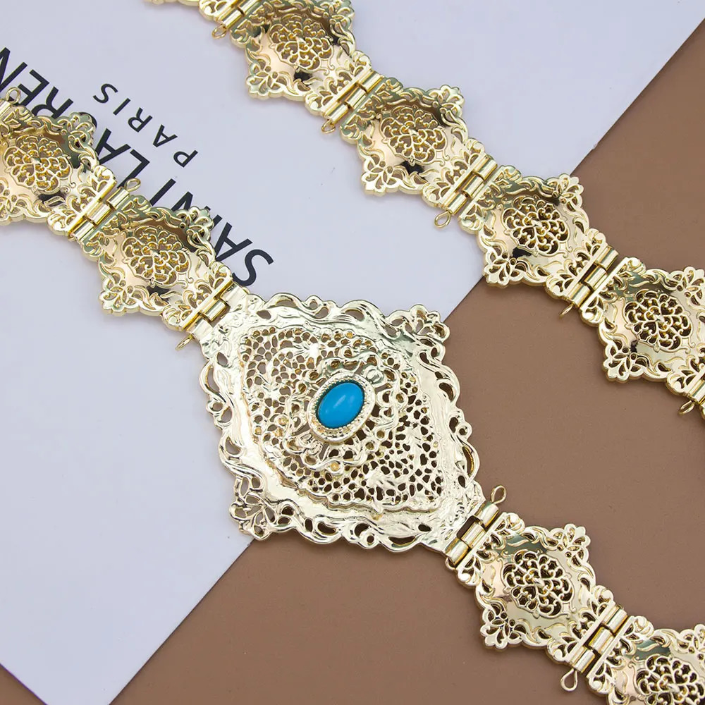 Sunspicems Gold Color Moroccan Kaftan Belt Imitation Jade Stone Arabic Women Bride Jewelry Waist Chain Hollow Persian Pattern 250121