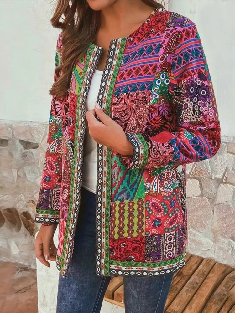 Autumn Winter Fashion Colorful Boho Floral Print Open Front Cardigan Casual Loose Long Sleeve Lightweight Jacket With Pockets 250113