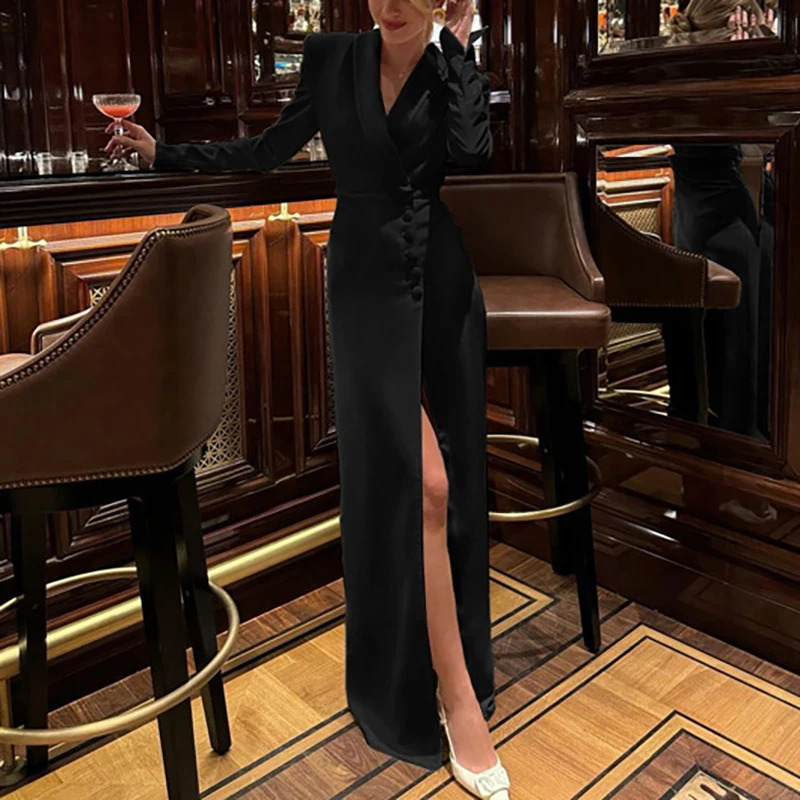 Women Sexy V-neck Split Evening Dress Fashion Hight Waist Button Slim Party Dress Office Casual Long Sleeves Solid Long Dresses 250113
