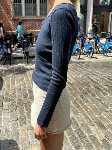 Navy Eyelet Long Sleeve T-Shirt Autumn Three Buttons O-Neck Cotton Slim Tee Top for Woman Sweet Cute Basic Tshirt Y2k Tops 250120