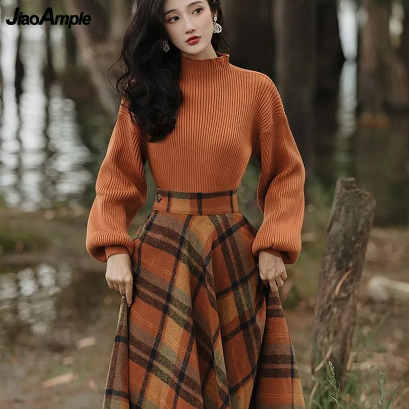 Womens Spring Autumn Vintage Plaid Long Skirts Sweater TwoPiece Set French Lady Graceful Knit Pullover High Waist Skirt Outfit 250122