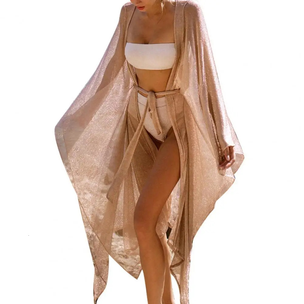 Bikini Cover Up Long Sleeve Sun Swimsuit Cardigan Belt Shine Mesh Sexy For Beach 250120