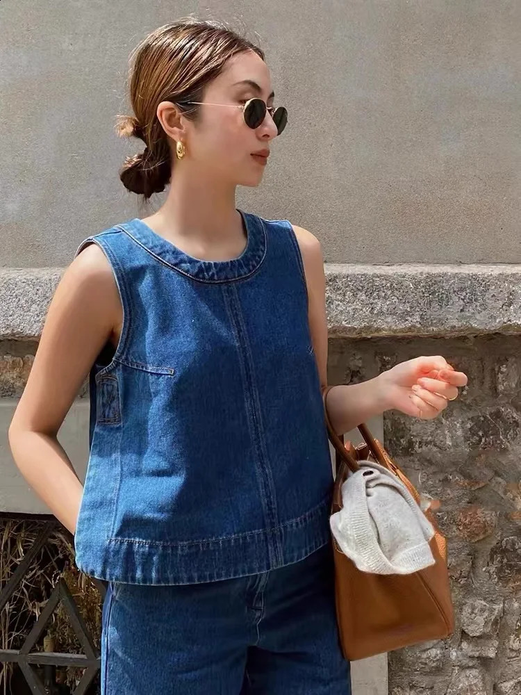 Blue denim vest suit sleeveless top jeans commuting casual womens pants two-piecet 250122