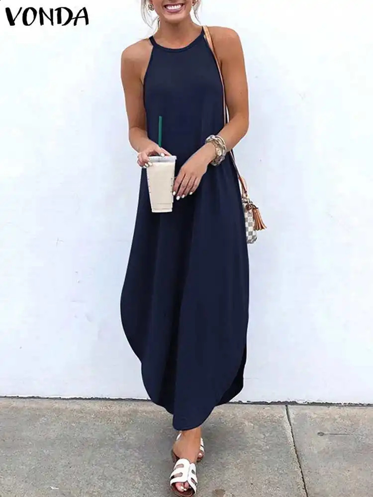 VONDA Women Halter Sundress Summer Bohemian Maxi Long Dress Solid Casual Loose Sexy Sleeveless Backless Beach Robe Femme 250117