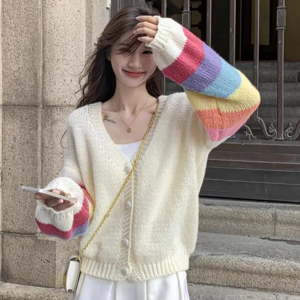 Fashion Rainbow Sweet Cardigan Sweaters Women Autumn Thin Casual Korean Knitted Coat V-Neck Loose Long Sleeve Tops Outwear 250121