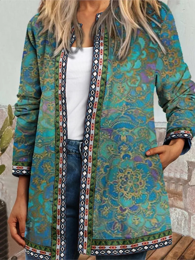 Autumn Winter Fashion Colorful Boho Floral Print Open Front Cardigan Casual Loose Long Sleeve Lightweight Jacket With Pockets 250113