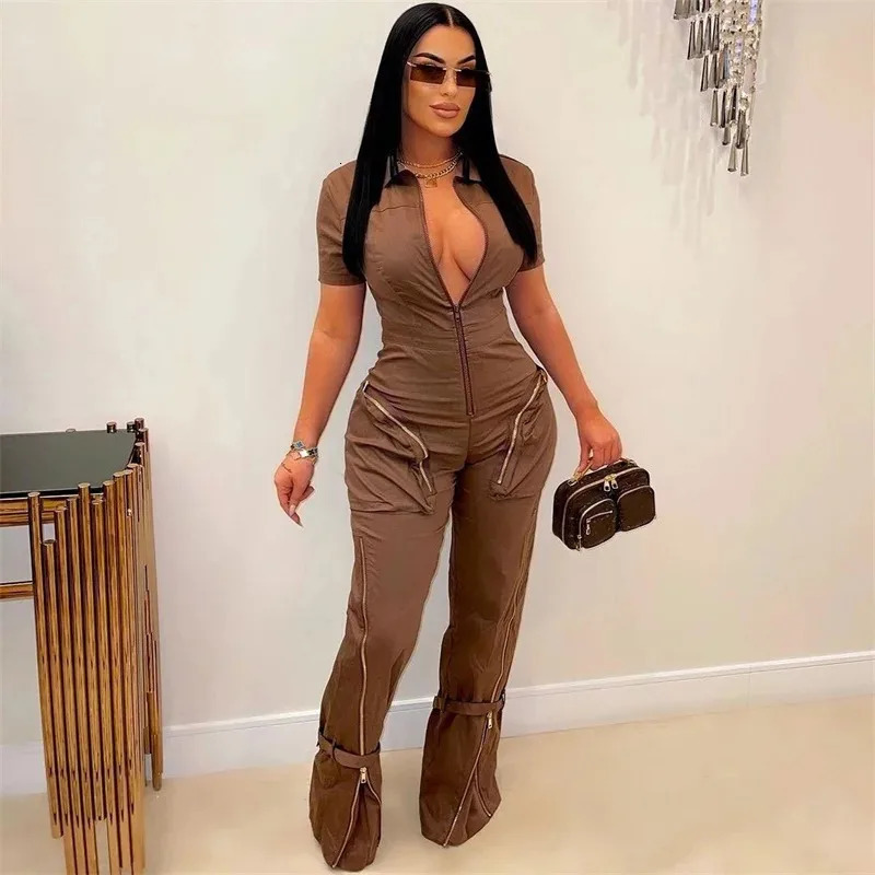 Streetwear Front Zipper Turn-down Collar Cargo Jumpsuit Women Short Sleeve Multiple Pockets One Pieces Romper Casual Overalls 250109