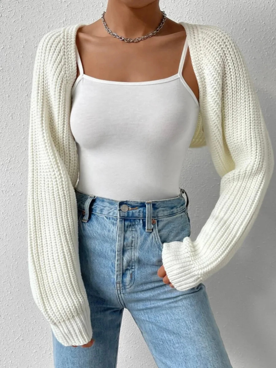 Women s Open Front Cropped Cardigan Long Sleeve Solid Color Ribbed Knit Shrug Sweater Bolero Tops 250109Z