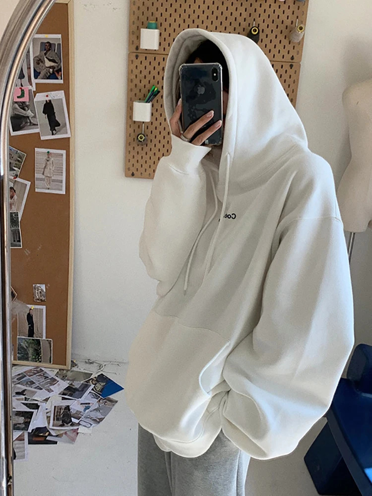 Korean Fashion Grey Fleece Thicken Baggy Pullover Pocket Letter Printing Sweatshirt Lazy Casual Raglan Sleeves Hoodie Autumn 250109