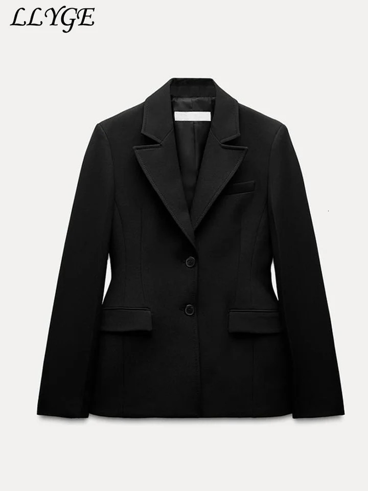 Elegant Womens Black Blazer Slim Lapel Shoulder Pads Button Flap Pocket Female Suit Jacket Spring Lady Commute Outwear 250122