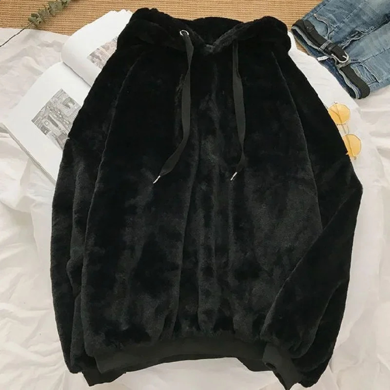 Solid Color Plush Hoodie Men Y2k Trend Loose Warm Sweatshirt Couple Casual Joker Harajuku Vintage Pullover Streetwear 250109Z