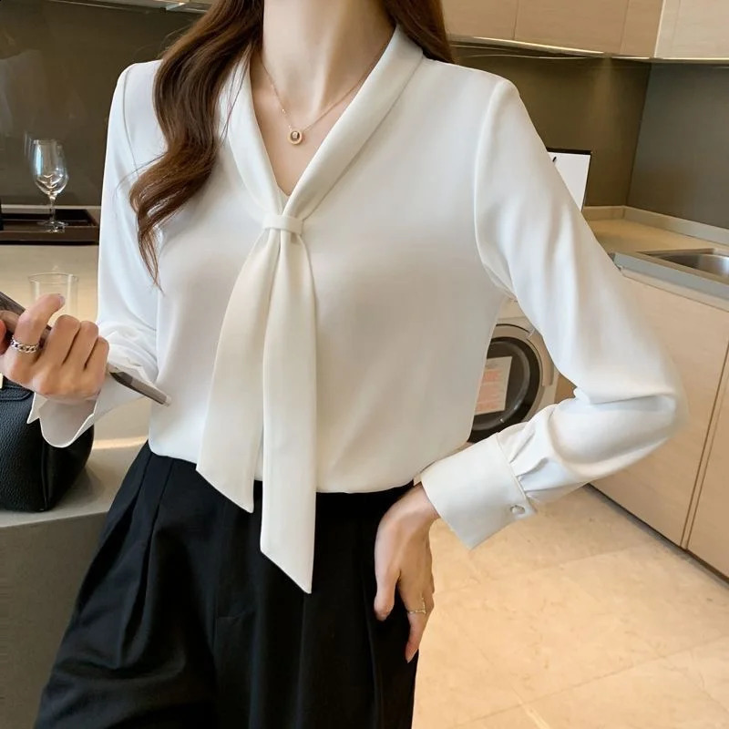 Women Spring Summer Style Blouses Shirts Lady Casual Long Sleeve Bow Tie Collar White Color Blouses Shirts DF4989 250121