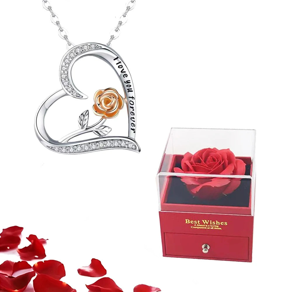 Heart Pendant Necklaces For Women With Rose Flower Box Christmas Wedding Party Gift Romantic Fashion Jewelry 250117