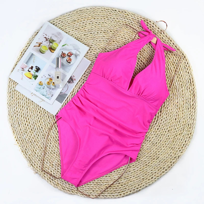 ZAFUAZ Halter Womens One Piece Tummy Control Swimwear Push Up Backless Ruched Swimsuit Solid Retro Beachwear Bathing Suit 250109