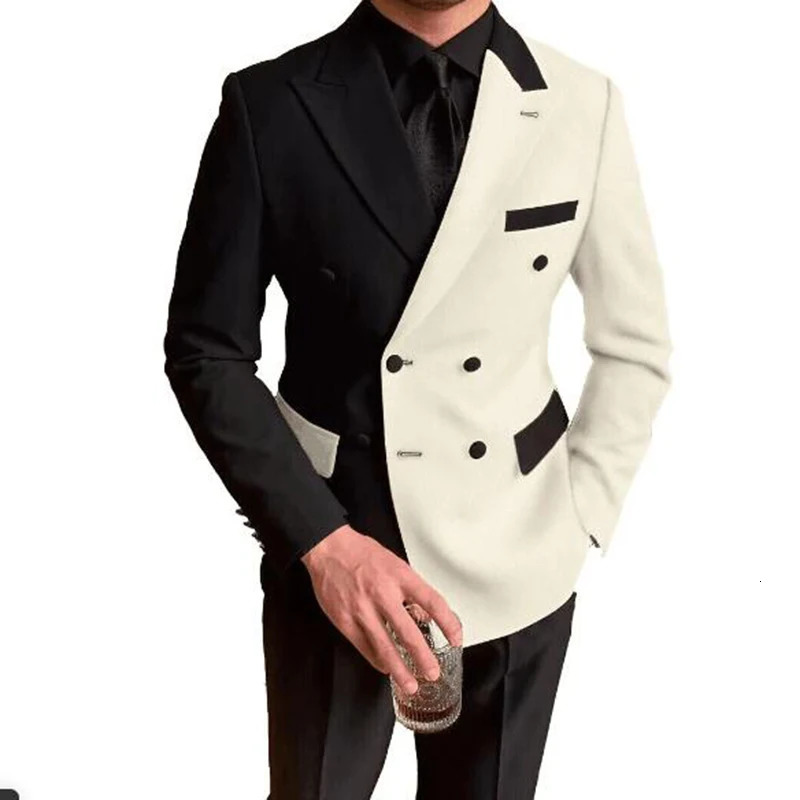 Elegant Black White Men Suit Slim Fit Lapel Double Breasted 2 Piece Formal Groom Wedding Tuxedos BlazerPants Costume Mens 250122
