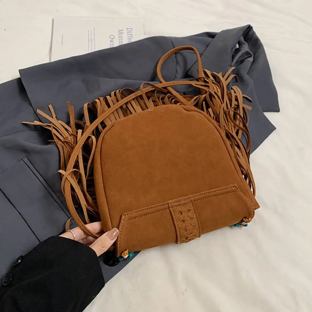 Ethnic Style Bohemian Ruffle Cross Bag Retro Suede Bohemian Saddle Bag Matte Brown Tassel Shoulder Bag 250109