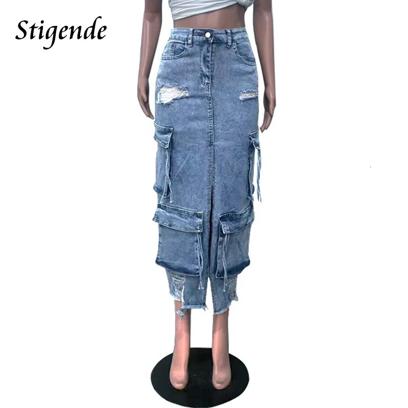 Stigende Womens High Split Ripped Denim Maxi Skirt with Multiple Pockets Distressed Lace Up Jeans Cargo Skirt Y2k 250117